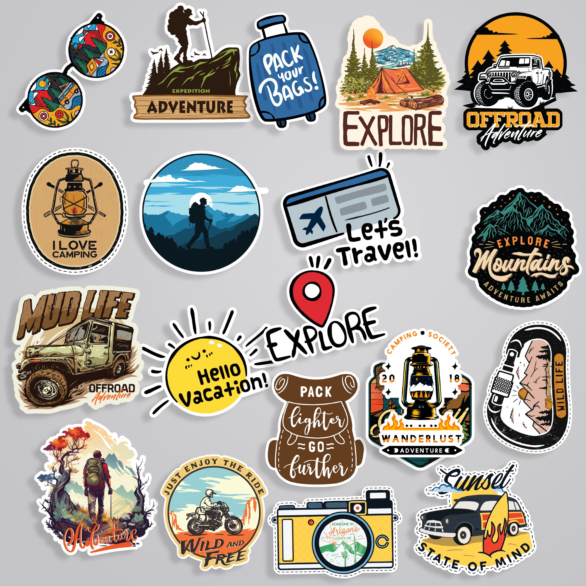 Various colorful stickers arranged on a white background, showcasing different designs and patterns