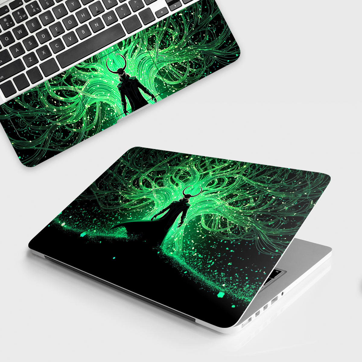 Loki - Glowing Green with Roots Behind Comics Laptop Skin