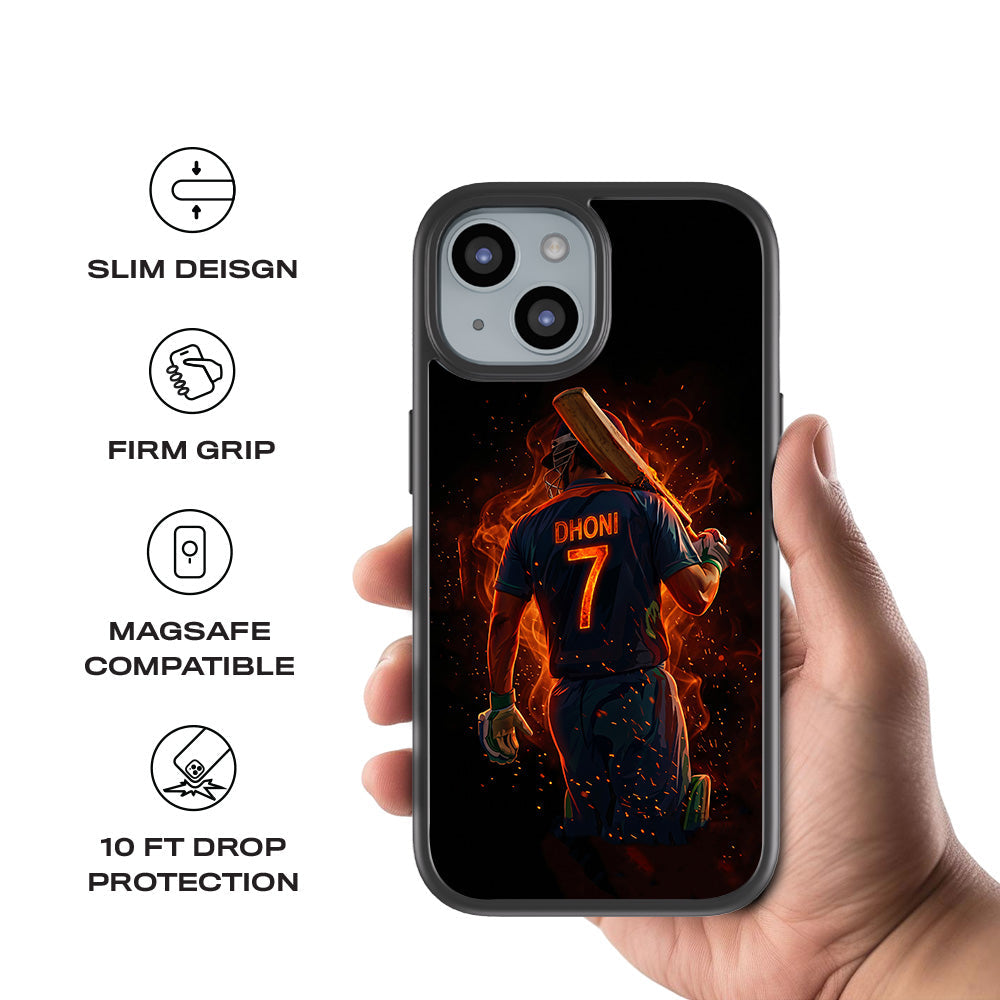 MS Dhoni Inferno Seven Cricket Sports 3D Skin with Shockguard Armour Magsafe Case for Apple iPhone 15 Plus