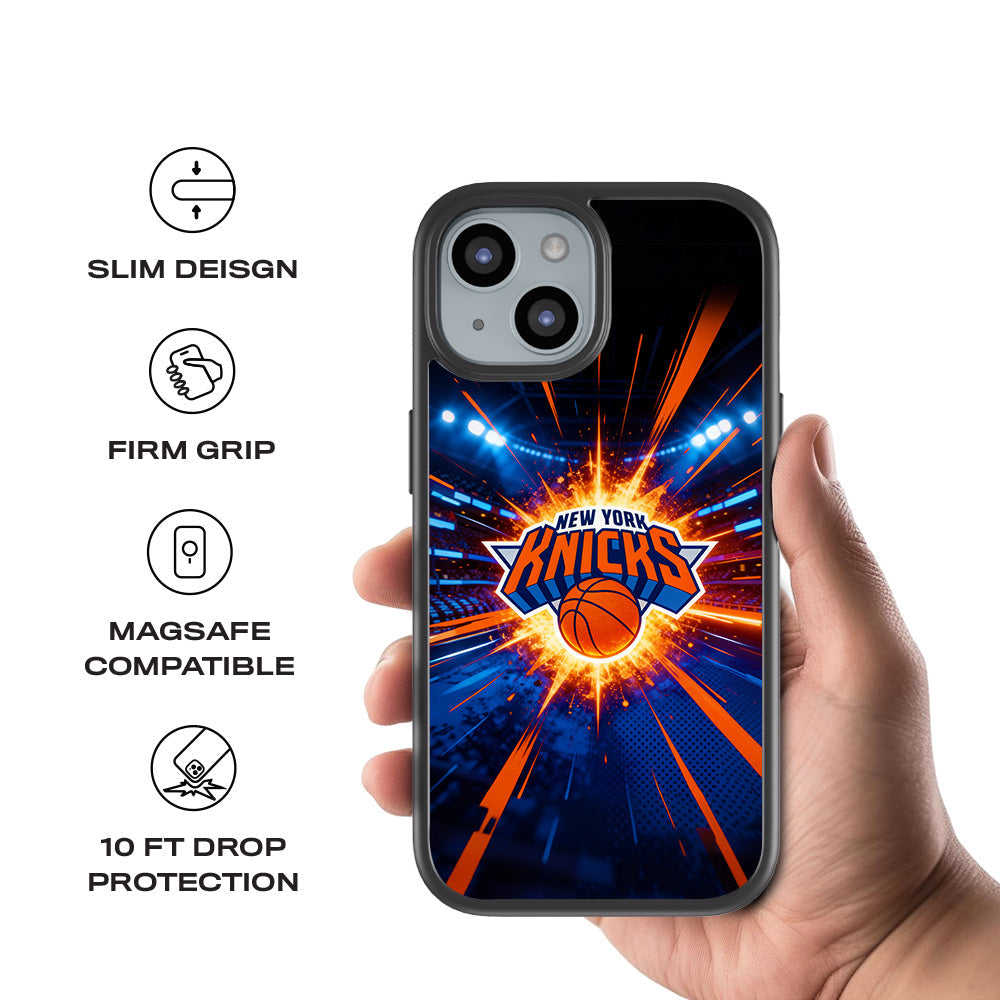 New York Knicks Arena Burst Sports 3D Skin with Shockguard Armour Magsafe Case for Apple iPhone 15 Plus