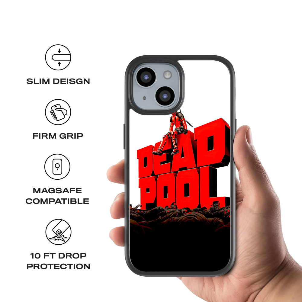 Deadpool on Top of Mayhem Comics 3D Skin with Shockguard Armour Magsafe Case for Apple iPhone 15 Plus