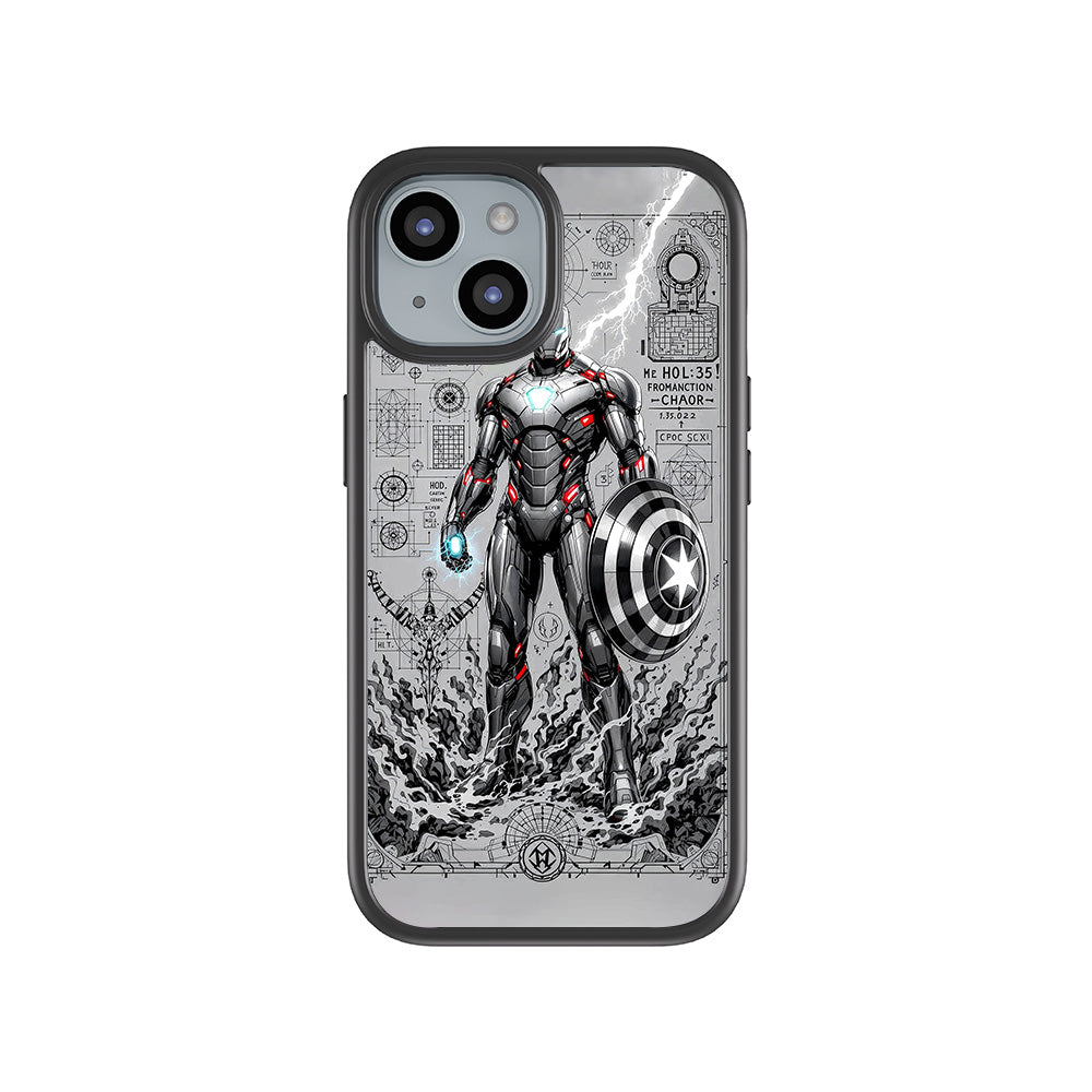 Armored Avenger Reforged in Silver Fire Comics 3D Skin with Shockguard Armour Magsafe Case for Apple iPhone 15
