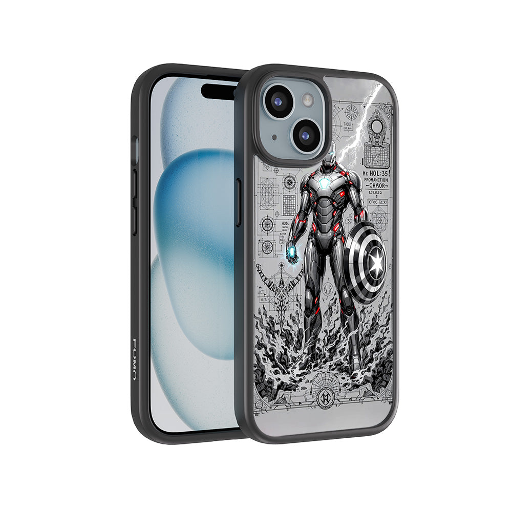 Armored Avenger Reforged in Silver Fire Comics 3D Skin with Shockguard Armour Magsafe Case for Apple iPhone 15