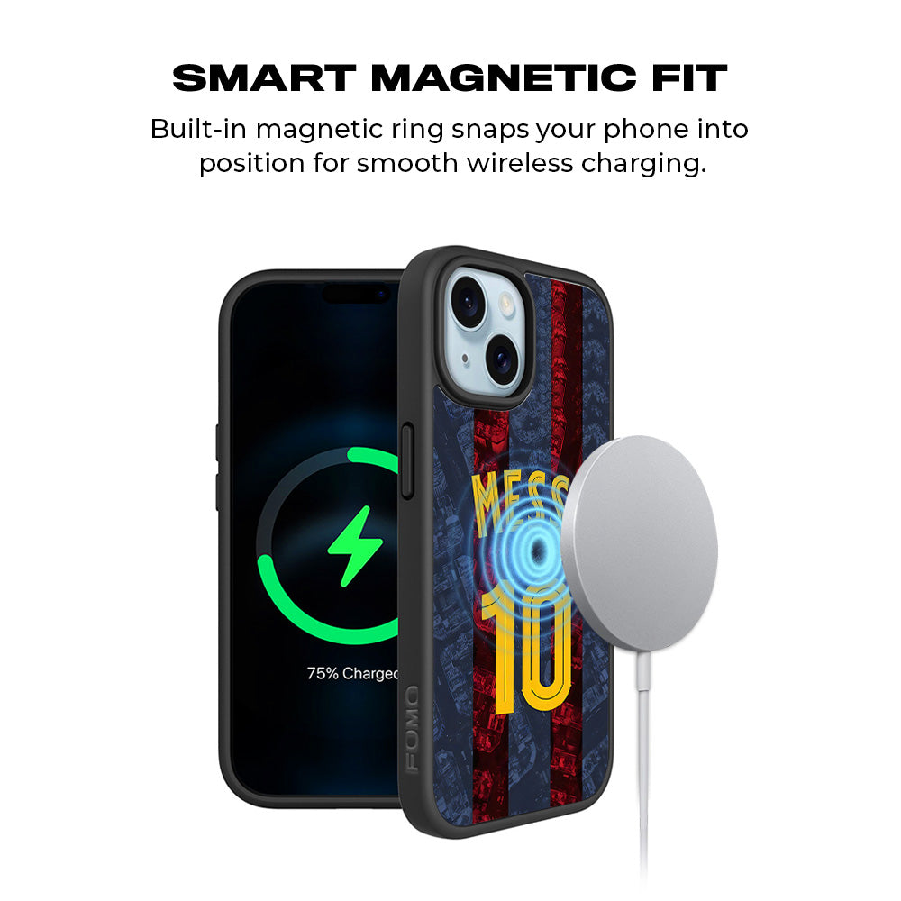 Messi Barcelona Jersey 3D Skin with Shockguard Armour Magsafe Case for Apple iPhone 15 Plus