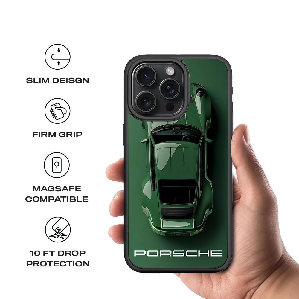 Dark Green Porsche 3D Skin with Shockguard Armour Magsafe Case for Apple iPhone 15 Pro Max