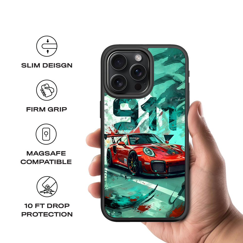 Red Porsche GT 911 3D Skin with Shockguard Armour Magsafe Case for Apple iPhone 15 Pro Max