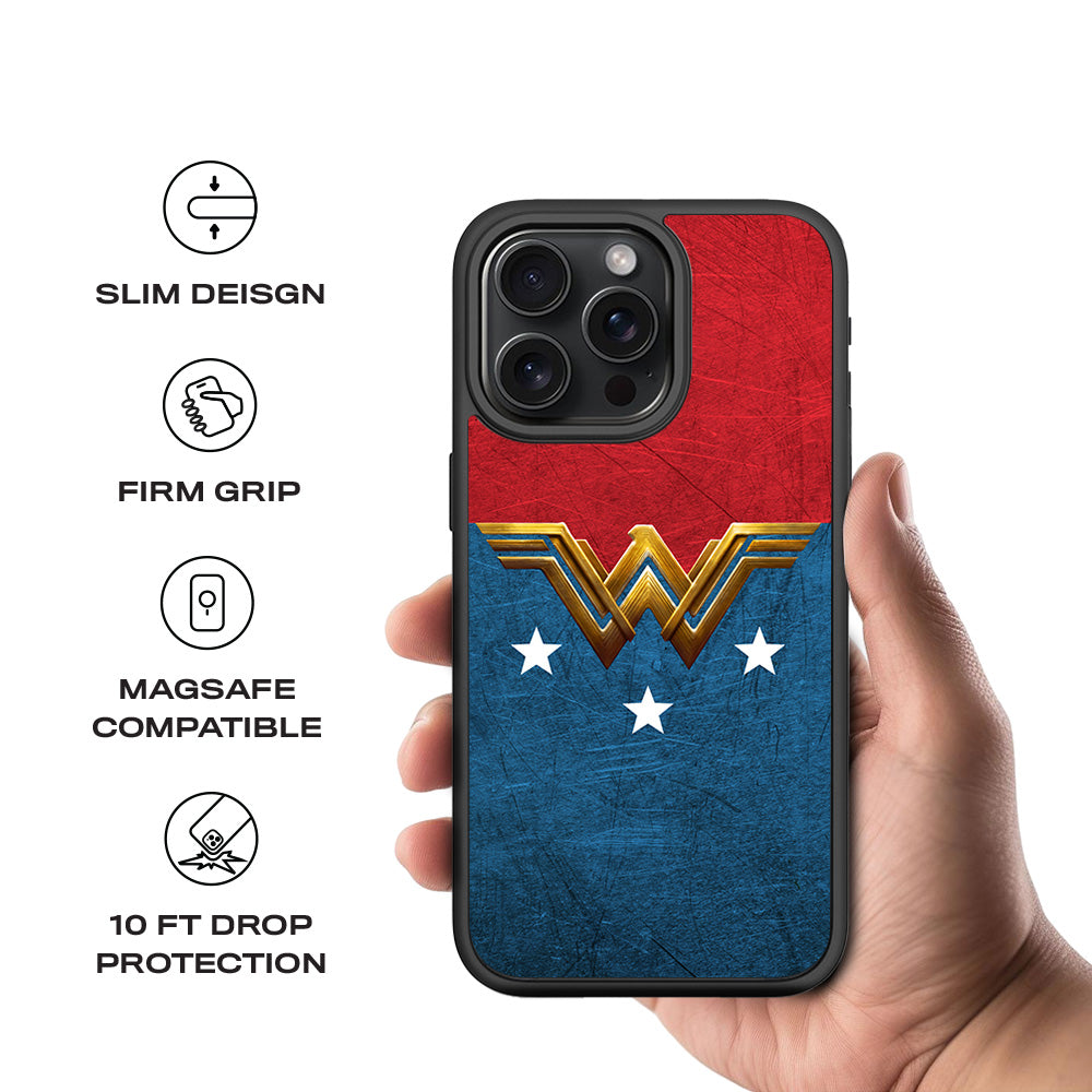 Wonder Woman Comic 3D Skin with Shockguard Armour Magsafe Case for Apple iPhone 15 Pro