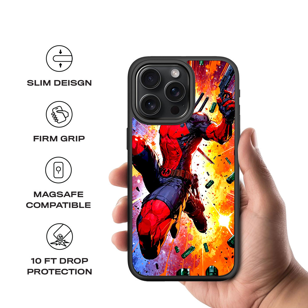 Deadpool Crimson Comics 3D Skin with Shockguard Armour Magsafe Case for Apple iPhone 15 Pro