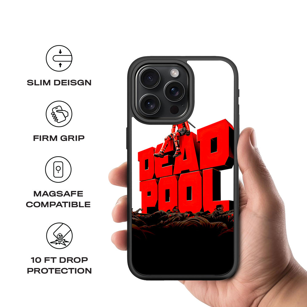 Deadpool on Top of Mayhem Comics 3D Skin with Shockguard Armour Magsafe Case for Apple iPhone 15 Pro Max