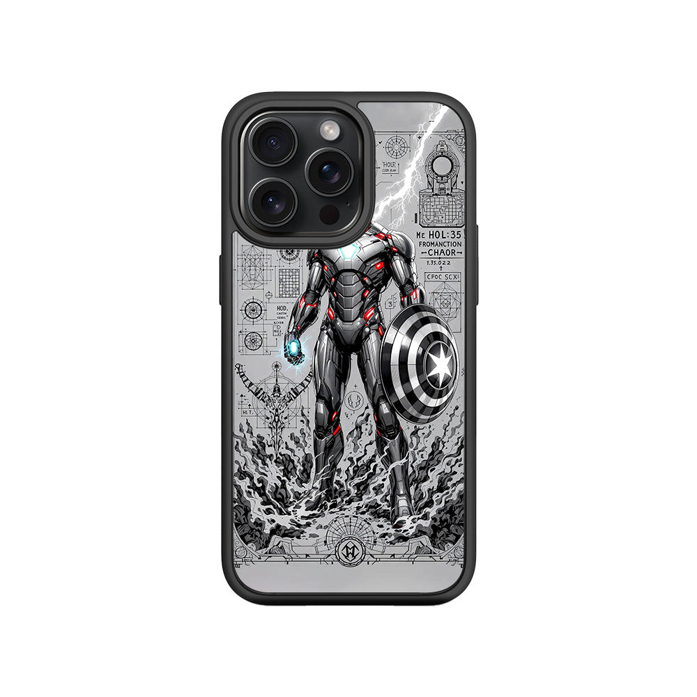Armored Avenger Reforged in Silver Fire Comics 3D Skin with Shockguard Armour Magsafe Case for Apple iPhone 15 Pro
