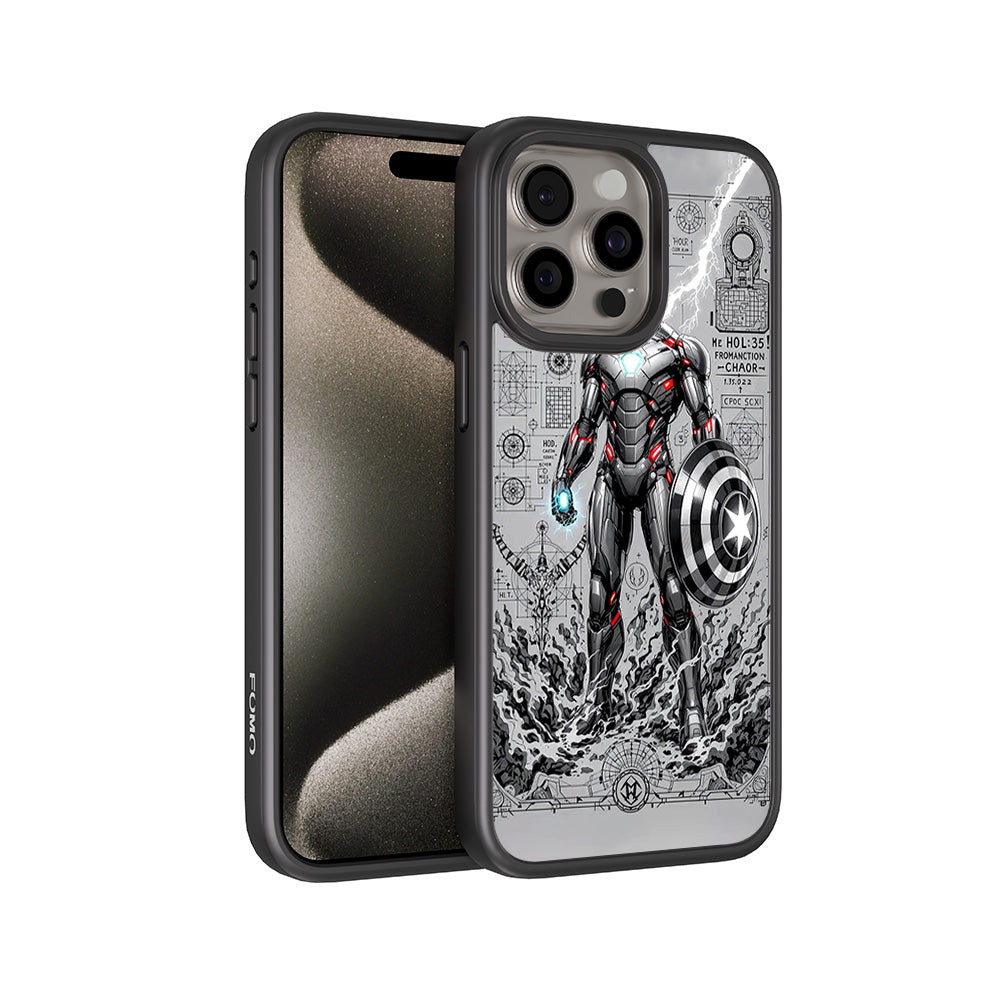 Armored Avenger Reforged in Silver Fire Comics 3D Skin with Shockguard Armour Magsafe Case for Apple iPhone 15 Pro