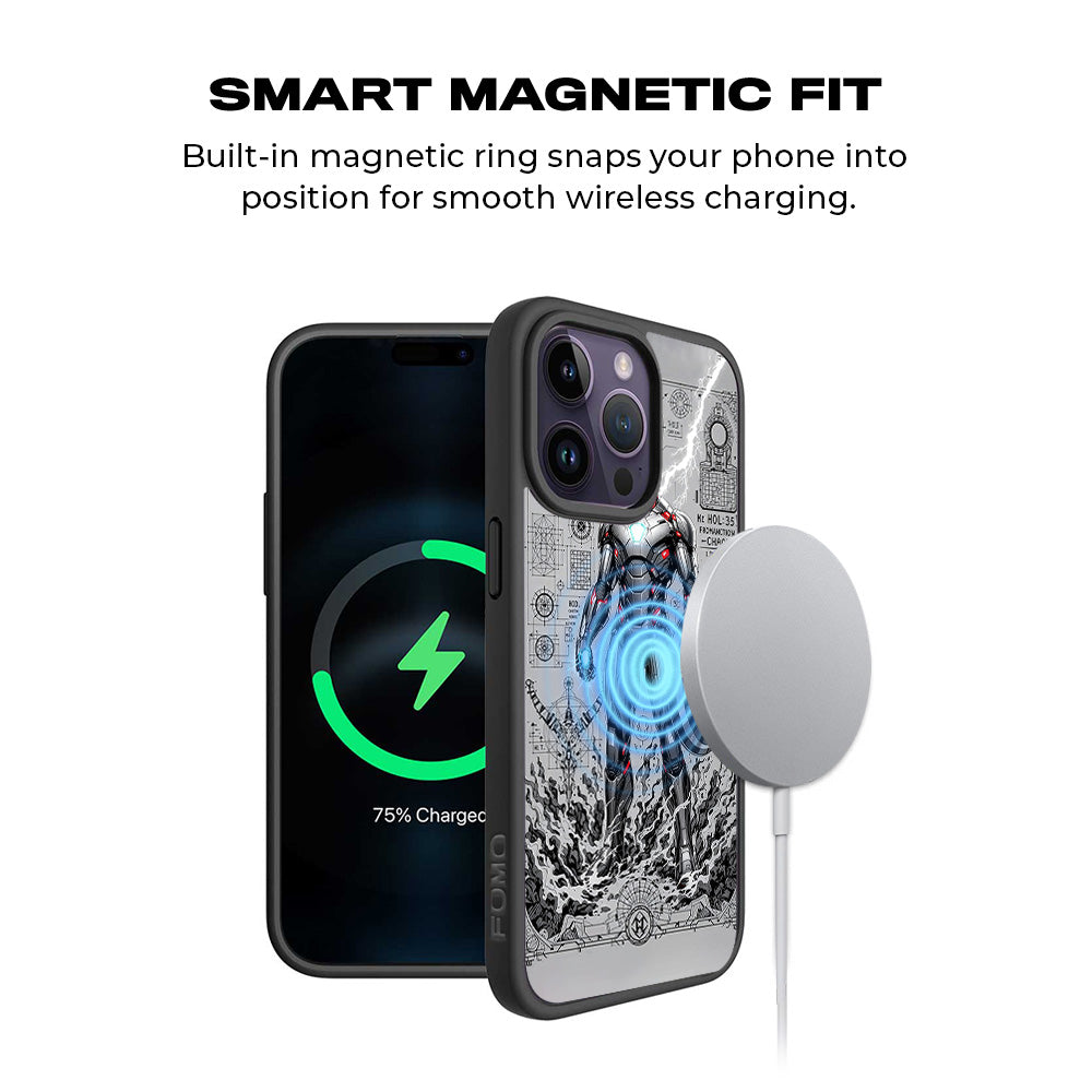 Armored Avenger Reforged in Silver Fire Comics 3D Skin with Shockguard Armour Magsafe Case for Apple iPhone 15 Pro