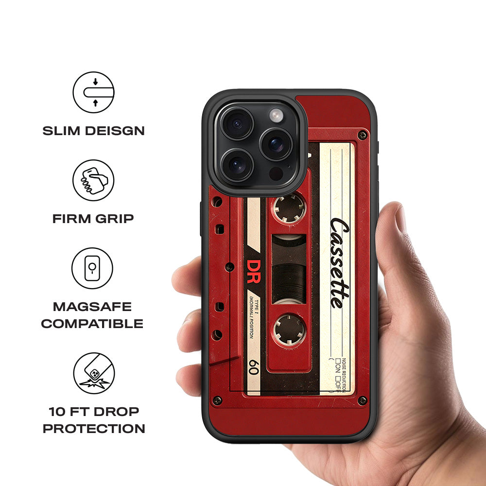 The Retro Cassette 3D Skin with Shockguard Armour Magsafe Case for Apple iPhone 15 Pro