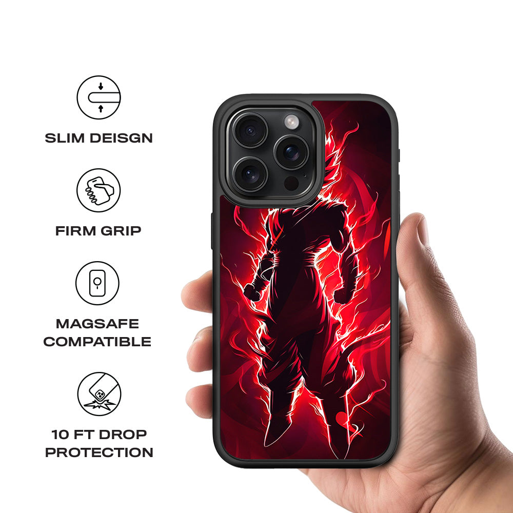 Goku in Fiery Red 3D Skin with Shockguard Armour Magsafe Case for Apple iPhone 15 Pro