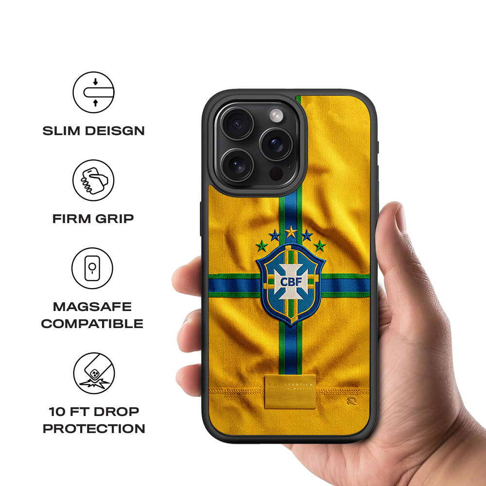 Brazil Football Crest Sports 3D Skin with Shockguard Armour Magsafe Case for Apple iPhone 15 Pro