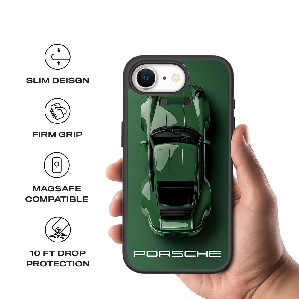 Dark Green Porsche 3D Skin with Shockguard Armour Magsafe Case for Apple iPhone 16E