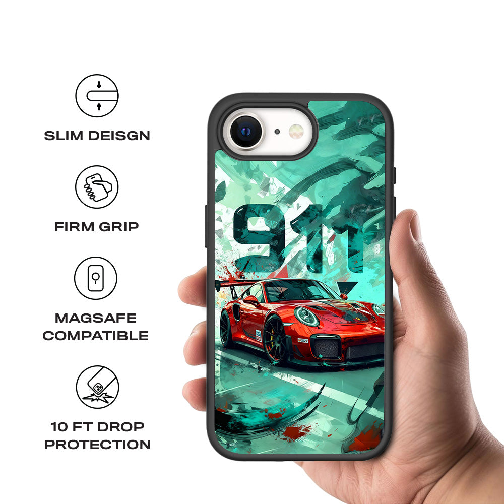 Red Porsche GT 911 3D Skin with Shockguard Armour Magsafe Case for Apple iPhone 16E