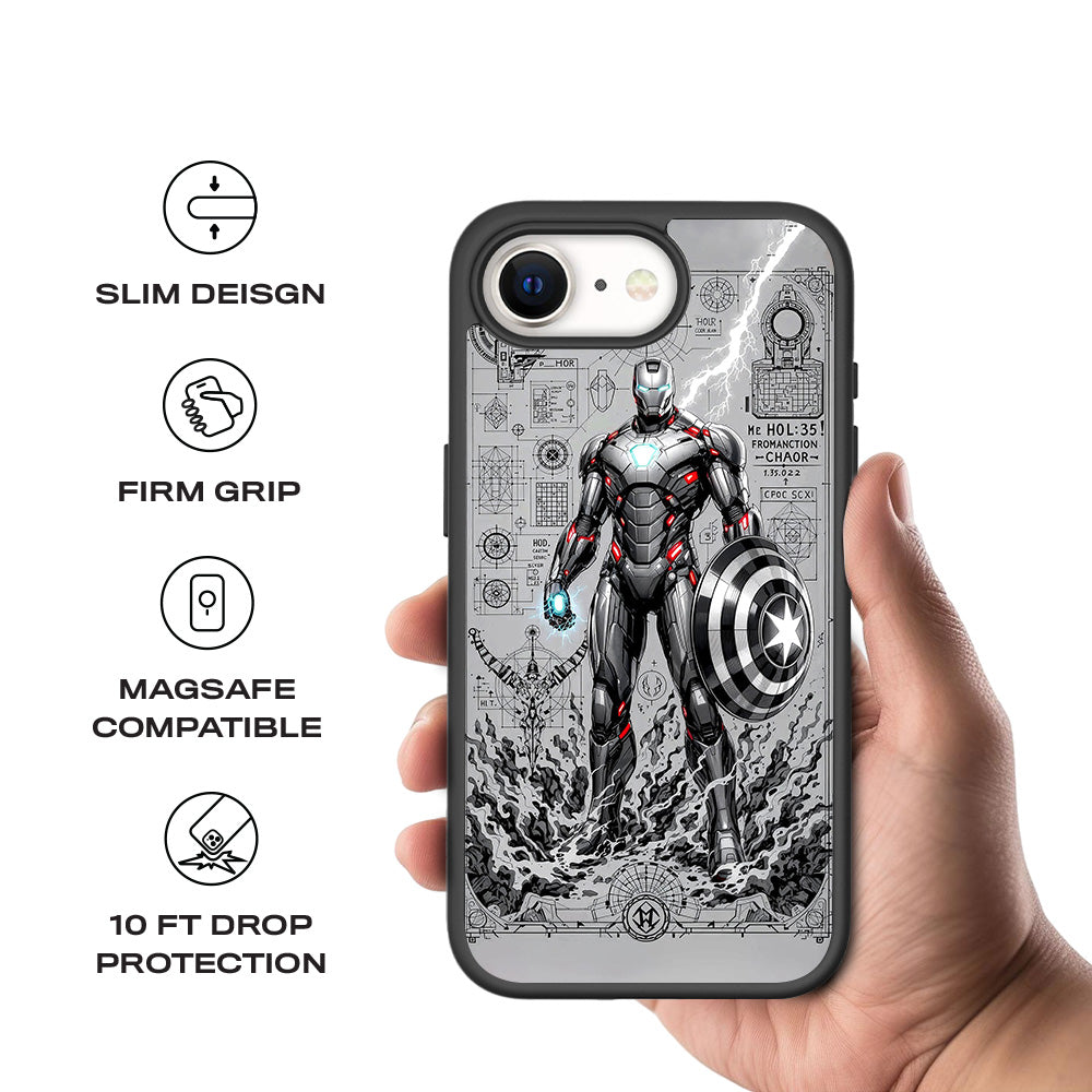 Armored Avenger Reforged in Silver Fire Comics 3D Skin with Shockguard Armour Magsafe Case for Apple iPhone 16E