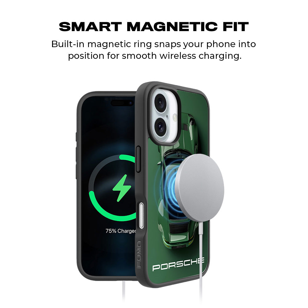 Dark Green Porsche 3D Skin with Shockguard Armour Magsafe Case for Apple iPhone 16 Plus