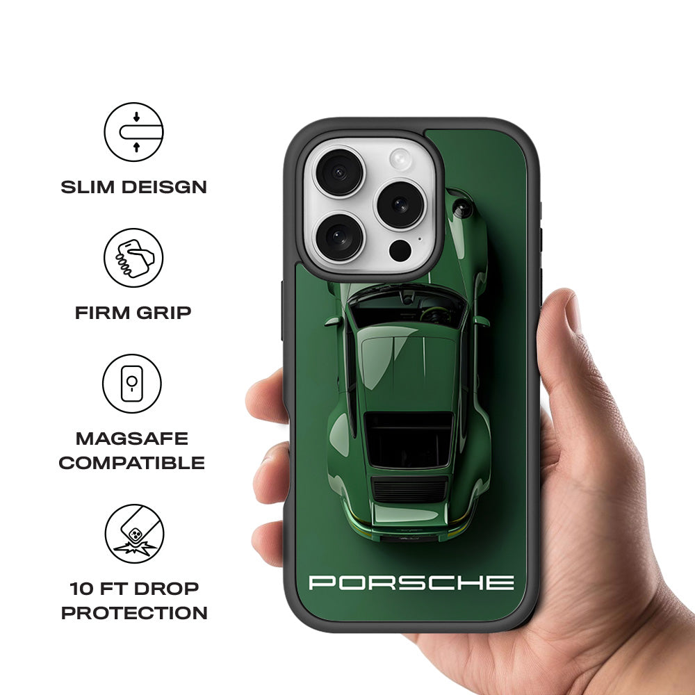 Dark Green Porsche 3D Skin with Shockguard Armour Magsafe Case for Apple iPhone 16 Pro Max