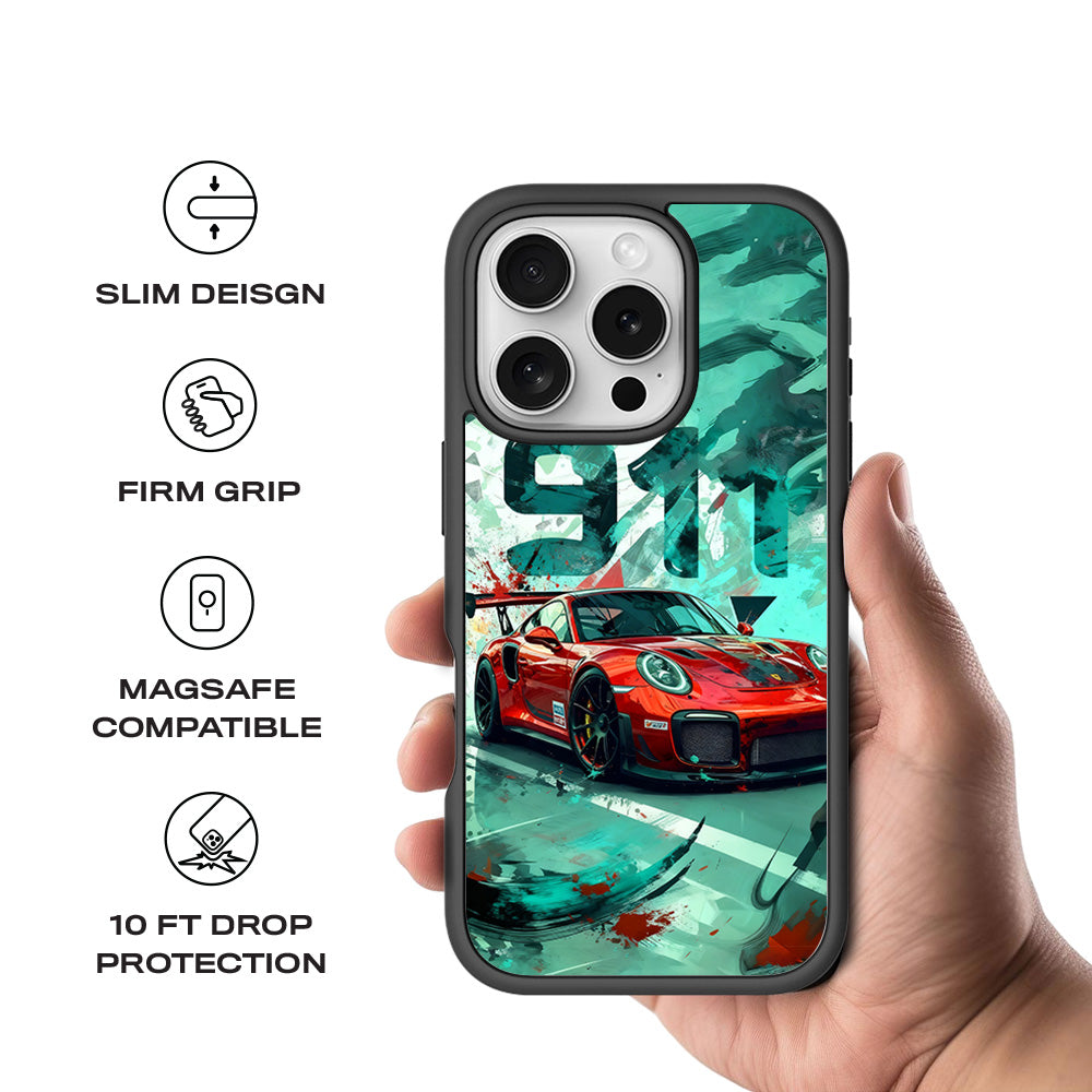 Red Porsche GT 911 3D Skin with Shockguard Armour Magsafe Case for Apple iPhone 16 Pro Max