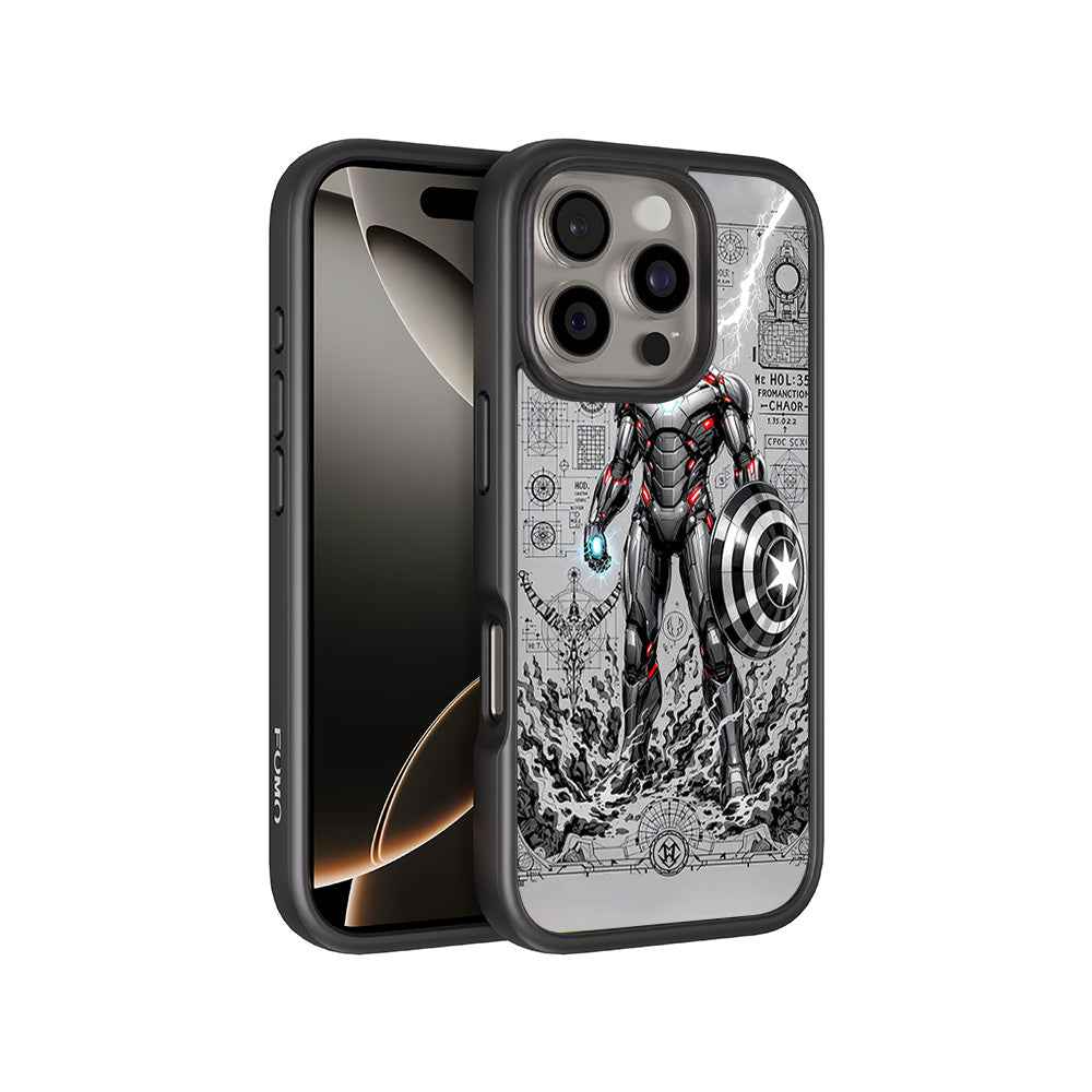 Armored Avenger Reforged in Silver Fire Comics 3D Skin with Shockguard Armour Magsafe Case for Apple iPhone 16 Pro