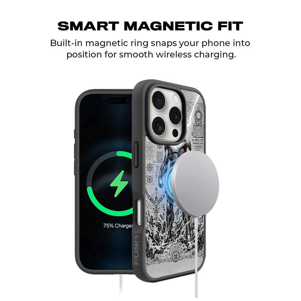 Armored Avenger Reforged in Silver Fire Comics 3D Skin with Shockguard Armour Magsafe Case for Apple iPhone 16 Pro