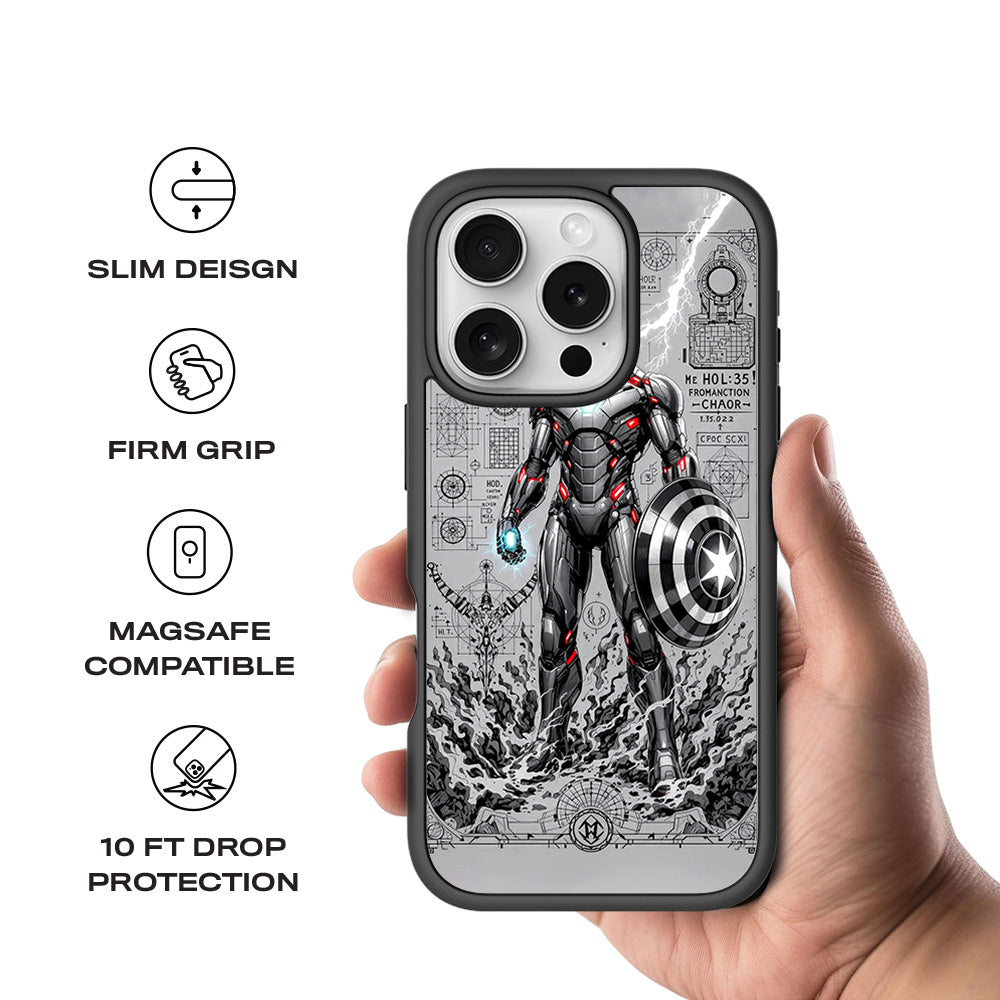 Armored Avenger Reforged in Silver Fire Comics 3D Skin with Shockguard Armour Magsafe Case for Apple iPhone 16 Pro