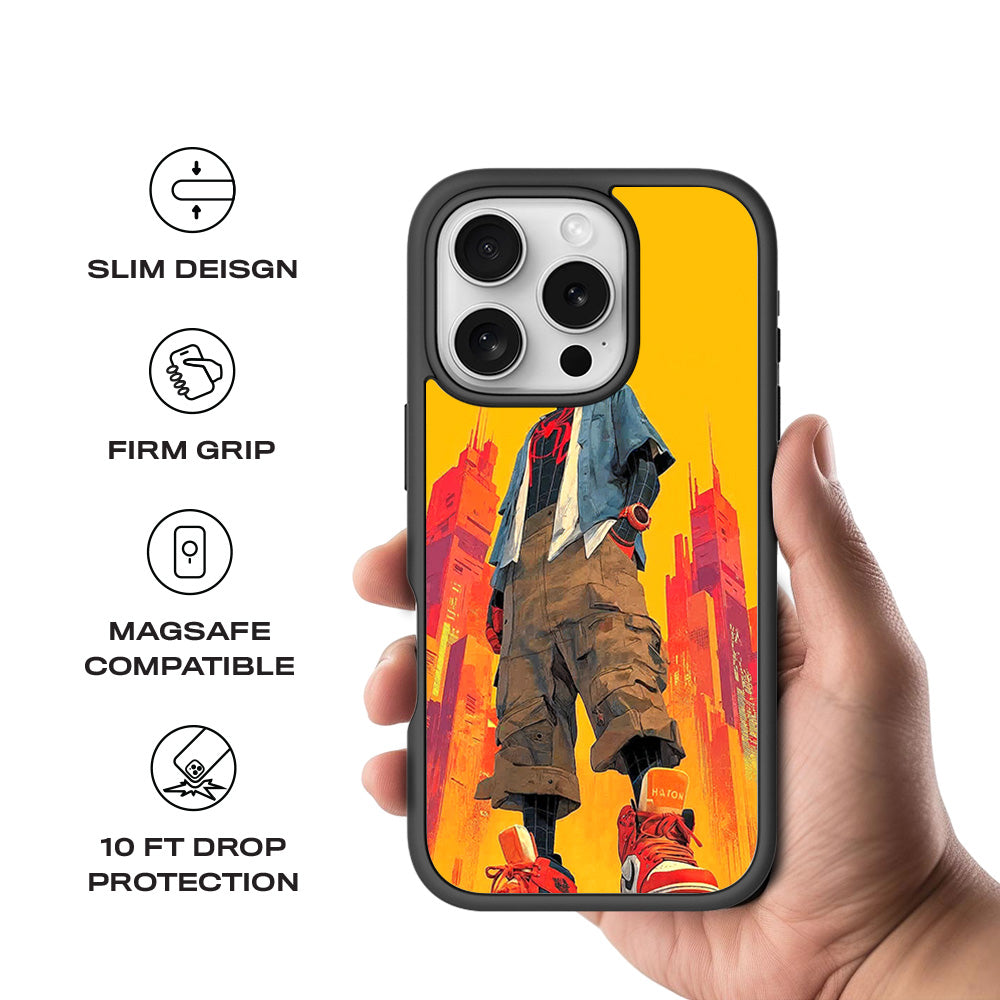 nto the Spider-Verse: Neon Skyline Hero Comics 3D Skin with Shockguard Armour Magsafe Case for Apple iPhone 16 Pro