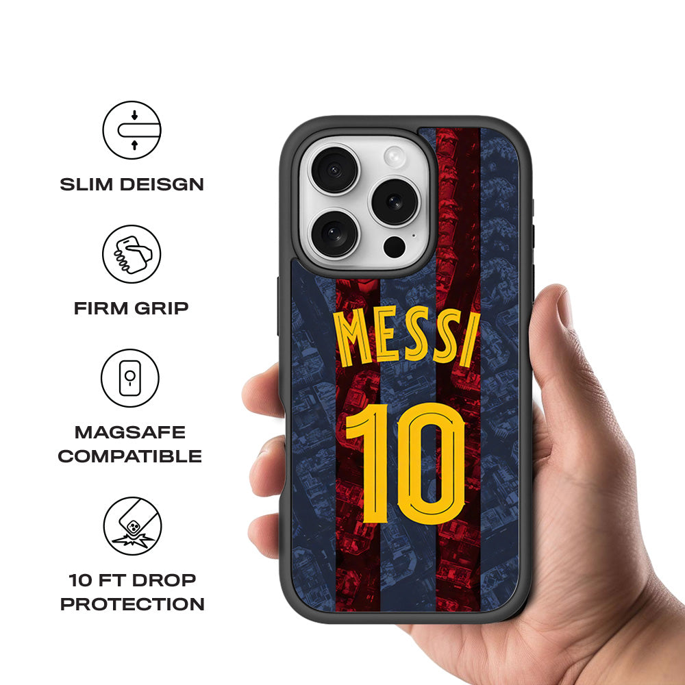 Messi Barcelona Jersey 3D Skin with Shockguard Armour Magsafe Case for Apple iPhone 16 Pro Max