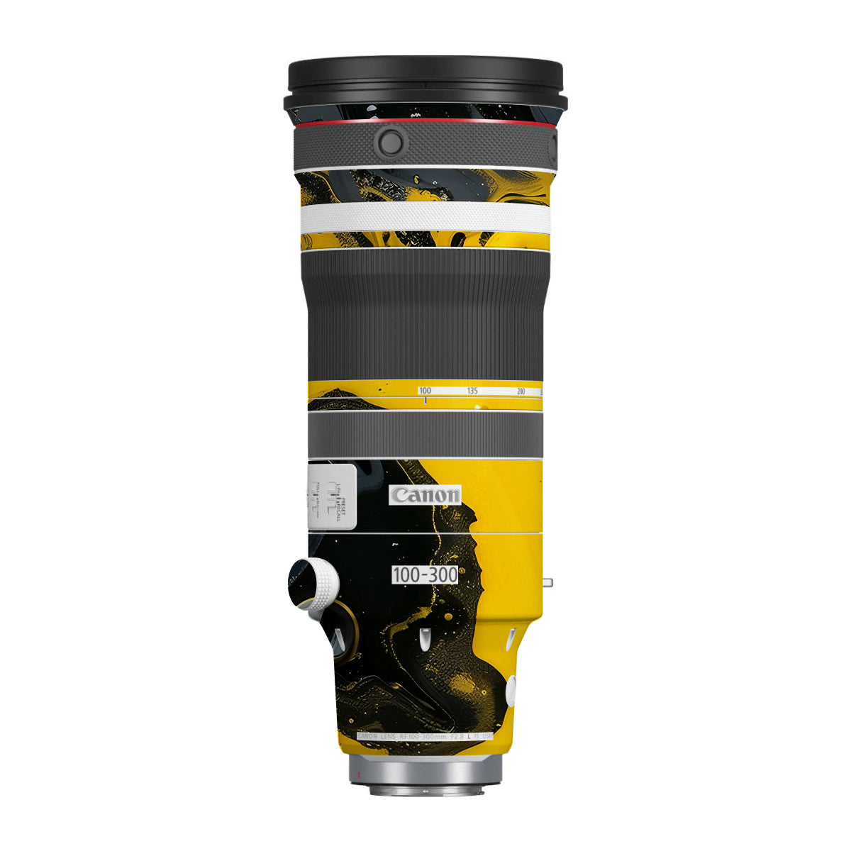 Yellow and Black Paint Swirls Canon RF 100-300mm F/2.8 L IS USM Camera Lens Skin