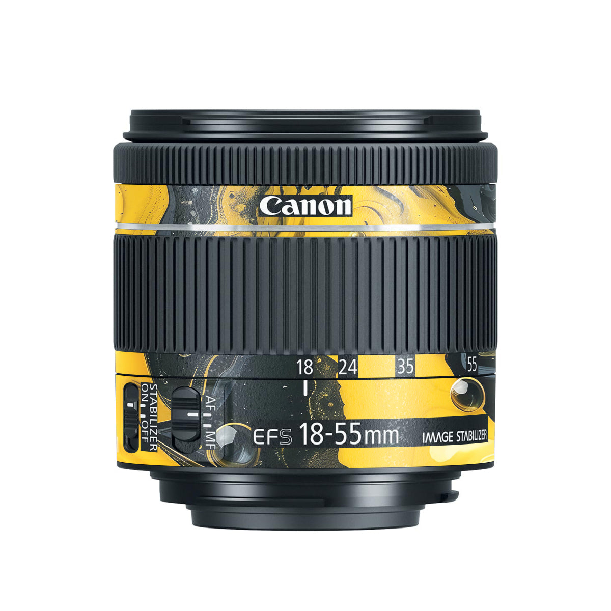 Yellow and Black Paint Swirls Canon EF-S 18-55mm F/4-5.6 IS STM Camera Lens Skin