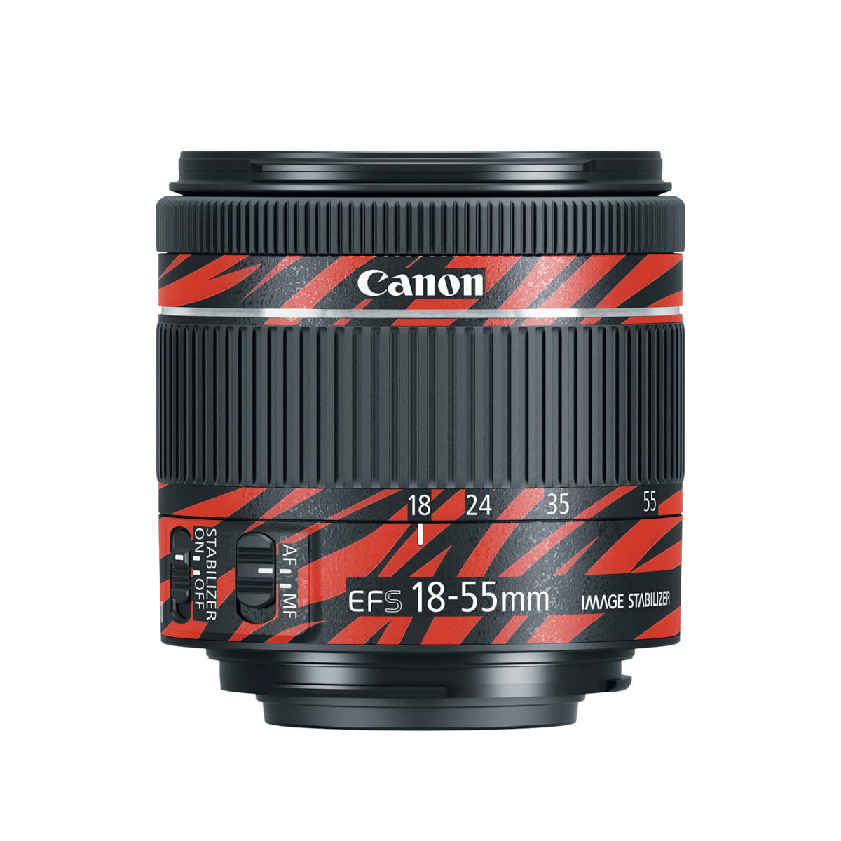 Red and Black Stripes Canon EF-S 18-55mm F/4-5.6 IS STM Camera Lens Skin