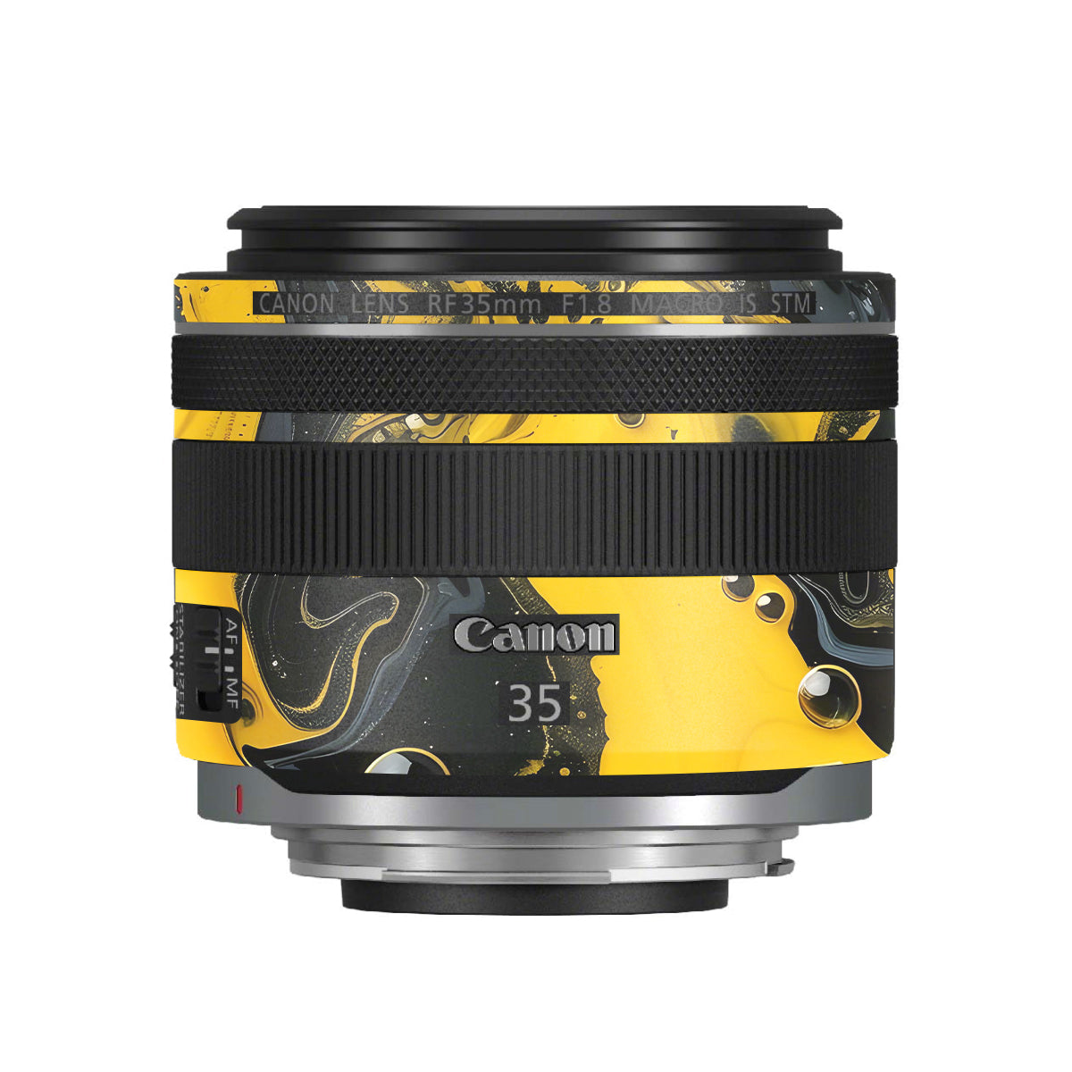 Yellow and Black Paint Swirls Canon RF 35mm F/1.8 Macro Camera Lens Skin