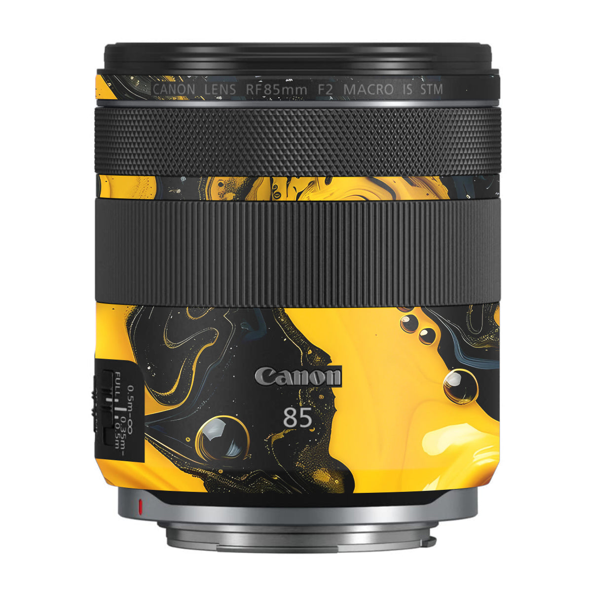 Yellow and Black Paint Swirls Canon RF 85mm F/2 Macro IS STM Camera Lens Skin