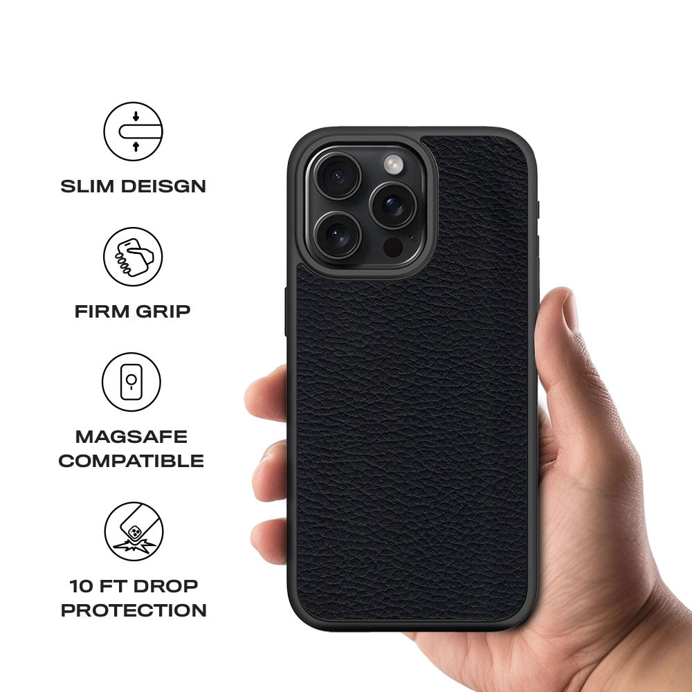 Black Leather Textured Skin with Shockguard Armour Magsafe Case for Apple iPhone 15 Pro Max