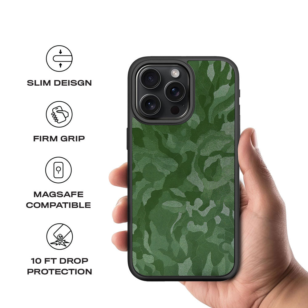 Green Camouflage Textured Skin with Shockguard Armour Magsafe Case for Apple iPhone 15 Pro Max