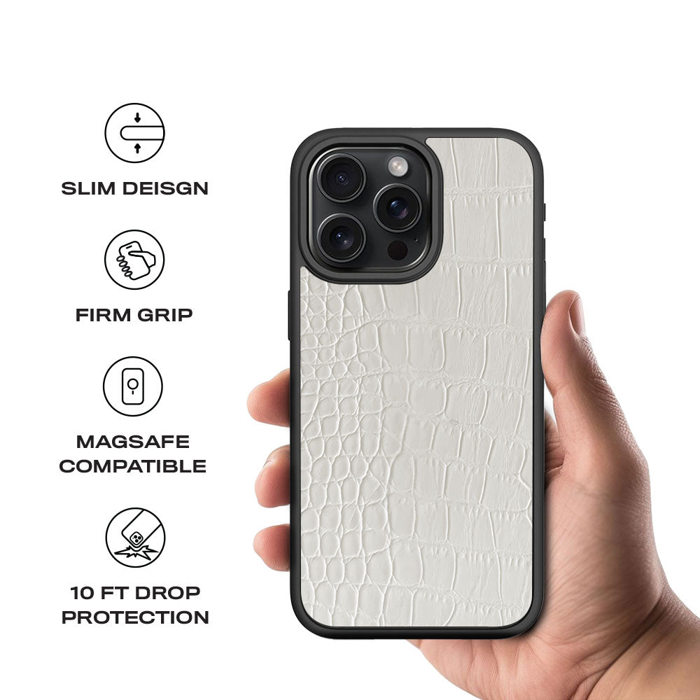 White Crocodile Textured Skin with Shockguard Armour Magsafe Case for Apple iPhone 15 Pro Max