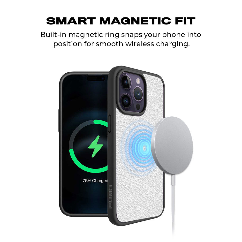 White Leather Textured Skin with Shockguard Armour Magsafe Case for Apple iPhone 15 Pro Max