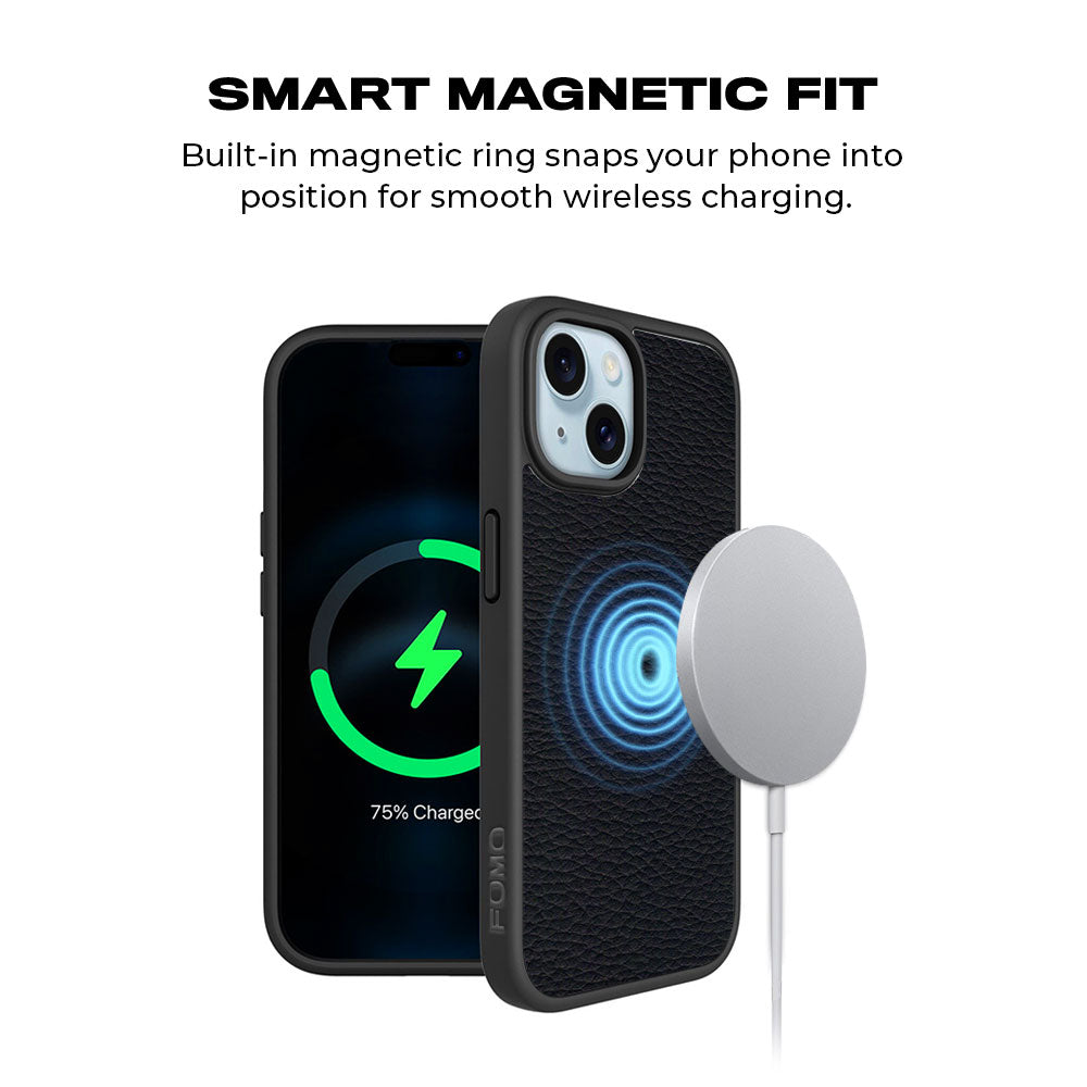 Black Leather Textured Skin with Shockguard Armour Magsafe Case for Apple iPhone 15 Plus