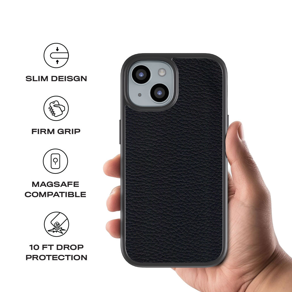 Black Leather Textured Skin with Shockguard Armour Magsafe Case for Apple iPhone 15 Plus