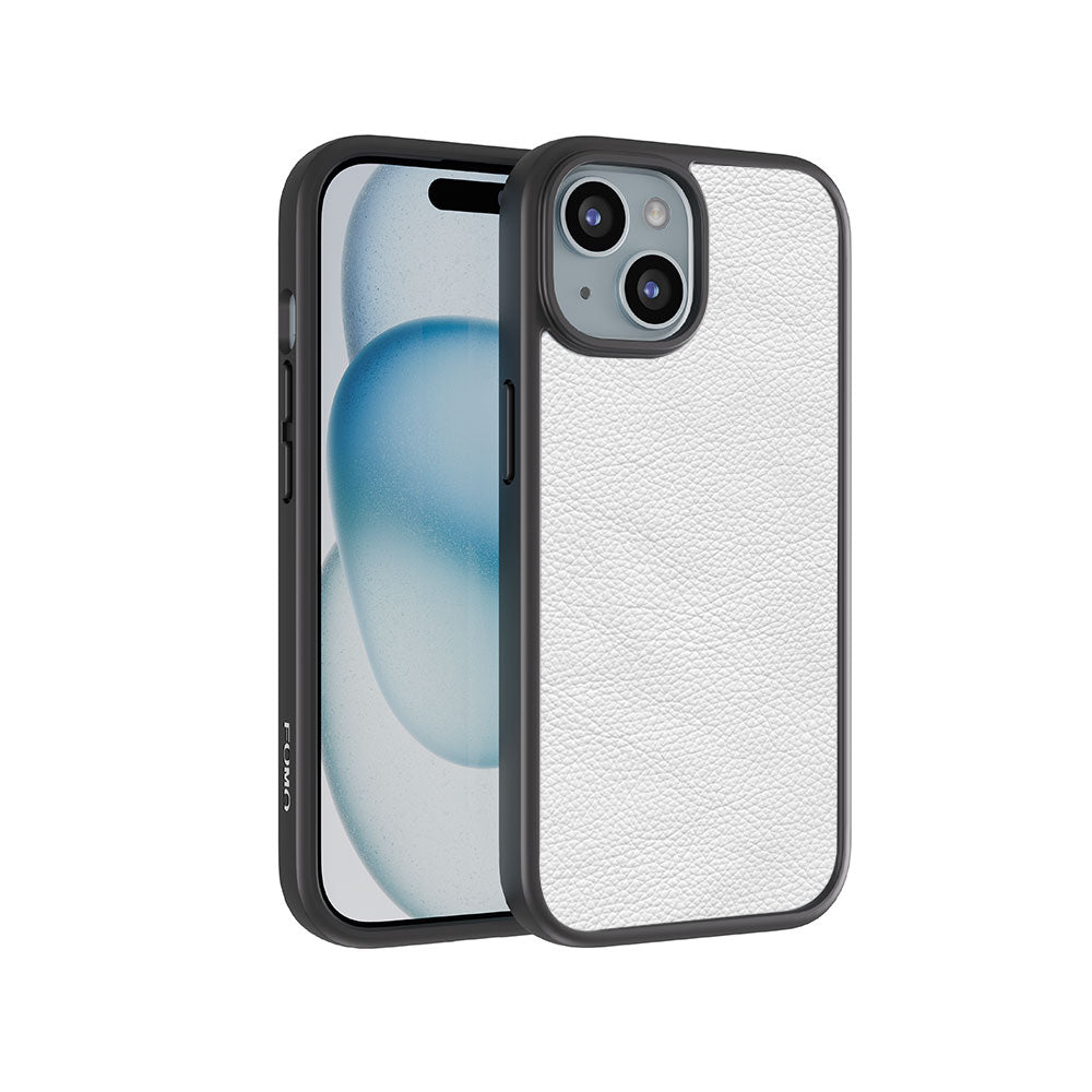 White Leather Textured Skin with Shockguard Armour Magsafe Case for Apple iPhone 15 Plus