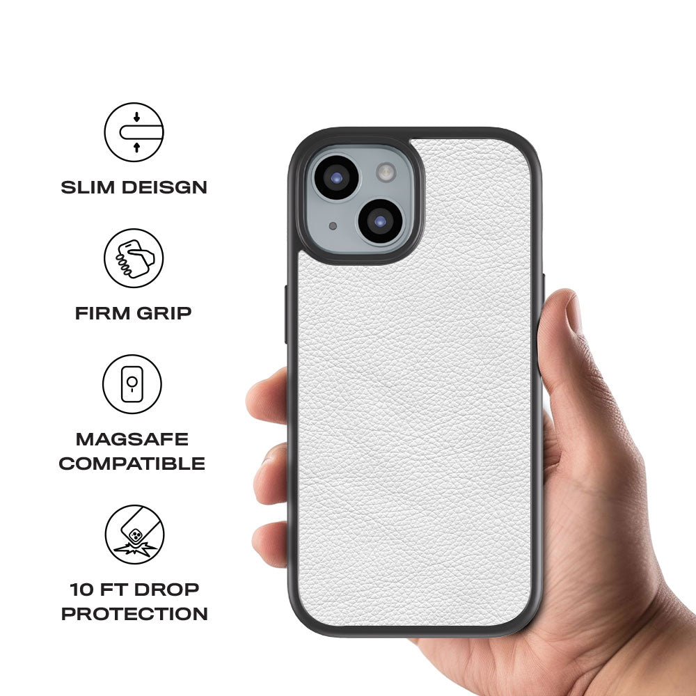 White Leather Textured Skin with Shockguard Armour Magsafe Case for Apple iPhone 15 Plus