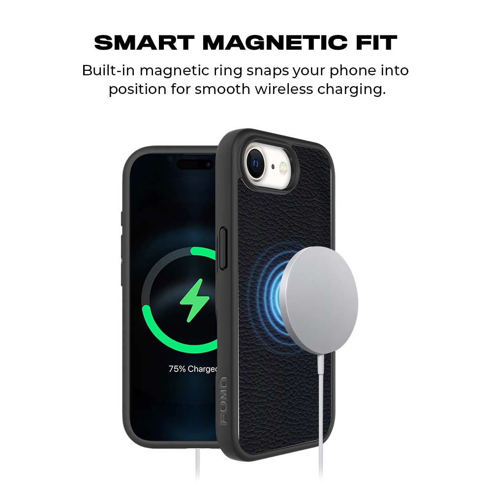 Black Leather Textured Skin with Shockguard Armour Magsafe Case for Apple iPhone 16E