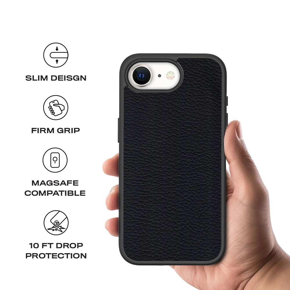 Black Leather Textured Skin with Shockguard Armour Magsafe Case for Apple iPhone 16E