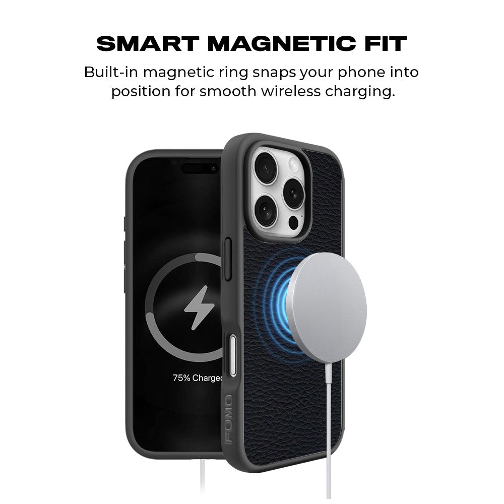 Black Leather Textured Skin with Shockguard Armour Magsafe Case for Apple iPhone 16 Pro Max