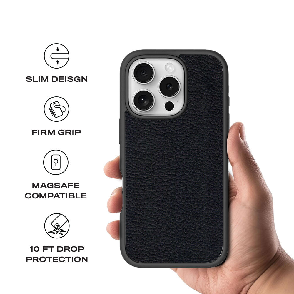 Black Leather Textured Skin with Shockguard Armour Magsafe Case for Apple iPhone 16 Pro Max