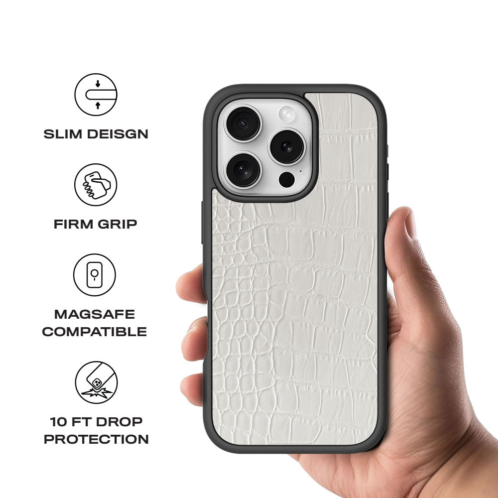 White Crocodile Textured Skin with Shockguard Armour Magsafe Case for Apple iPhone 16 Pro Max