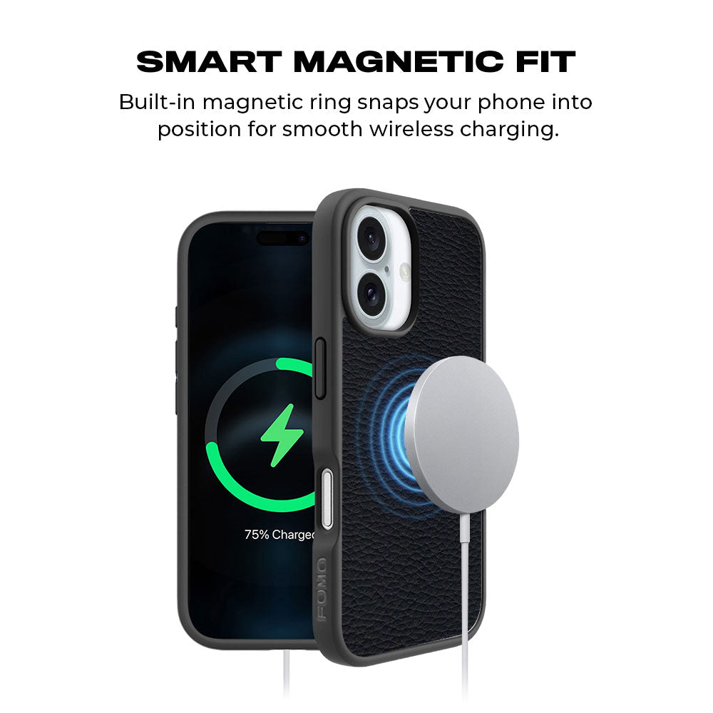 Black Leather Textured Skin with Shockguard Armour Magsafe Case for Apple iPhone 16 Plus