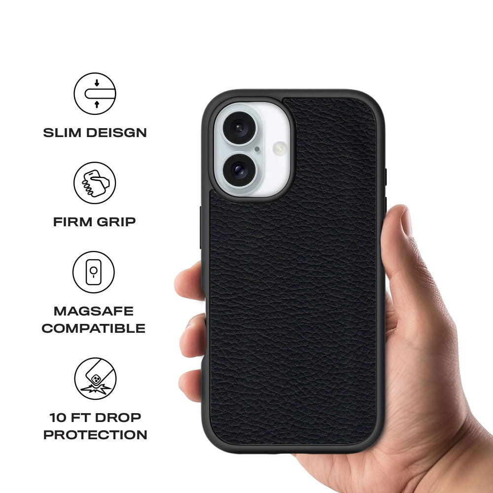 Black Leather Textured Skin with Shockguard Armour Magsafe Case for Apple iPhone 16 Plus